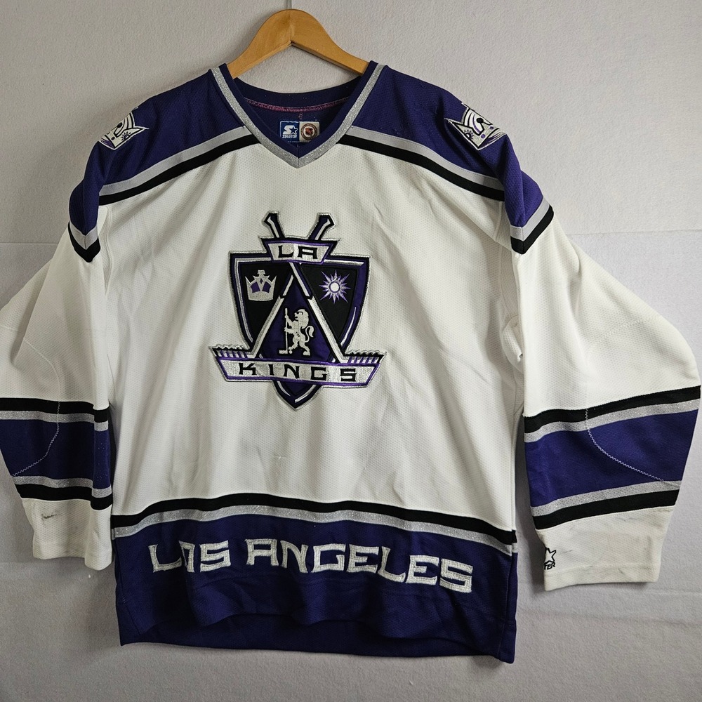 Vintage Starter LA Kings Jersey Large Hallgren 27 NHL Hockey Purple White
